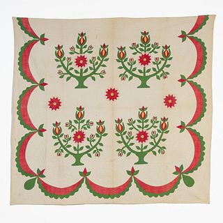 HAND QUILTED POMEGRANATE TREE APPLIQUE QUILT