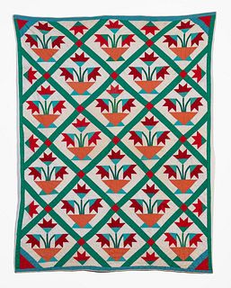 HAND QUILTED COTTON TULIP BASKET QUILT, CA 1950