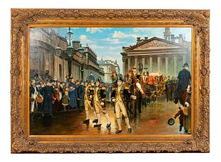 LARGE GILT FRAMED ROYAL PROCESSION OIL PAINTING