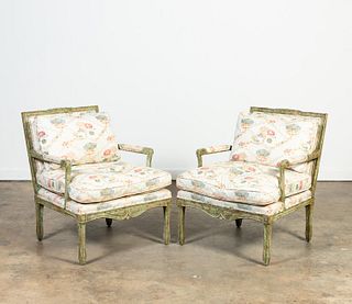 PR. MINTON-SPIDELL DISTRESSED PAINTED FAUTEUILS
