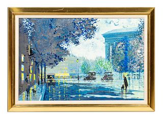 JOHN MORRIS, "PARISIAN STREET SCENE" OIL, 1958
