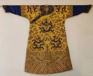 A Qing Dynasty Nine-Dragon Imperial Yellow Embroided Robe