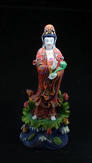 A Carved Jadestone Guanyin Statue