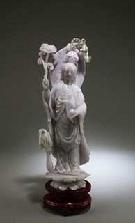A Carved Lavender Color Jade Guanyin Statue