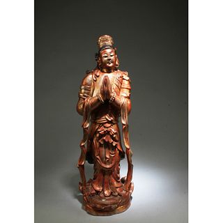 A Carved Wooden Standing Guanyin Statue