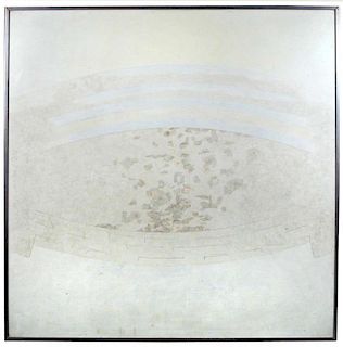 § Peter Lloyd-Jones (British, 20th Century) Landscape oil on board, in a thin silver frame 121 x 121