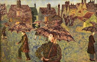 Benton End School (British, 20th Century) Figures in the rain oil on canvas 43 x 69cm (17 x 27in) <b
