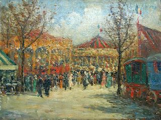 Cecil C P Lawson (British, exh.1913-1923) Revellers at an evening circus, a moonlit park and outside