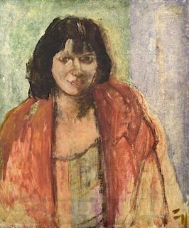 Euston Road School (British, 20th Century) Study of a girl in a pink coat oil on canvas, unframed 66