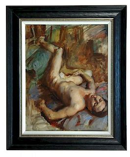 § Victor Hume Moody (British, 1896–1990) Male nude oil on canvas 35 x 45cm (14 x 18in) <br>Fine.