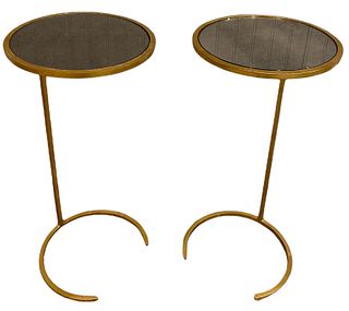 Pair metal side tables with gilt finish and smoked mirror top, 26" tall.