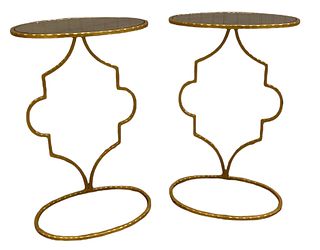 Three metal side tables with gilt finish and smoked mirror top, 26" tall.