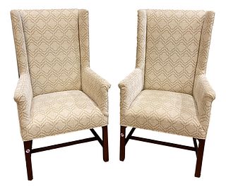 Pr white upholstered wingback armchairs, 45" tall.