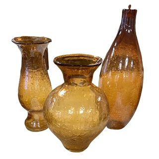 3 amber colored crackled glass vases 16.75" tall, 12.5" tall and 11.5" tall