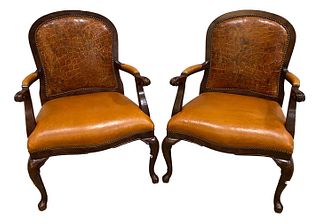 Pr Queen Anne style chairs with orange leather upholstery and nail head trim, 38" tall.