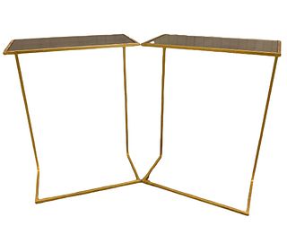 Pair metal side tables with gilt finish and smoked mirror top, 28" tall.
