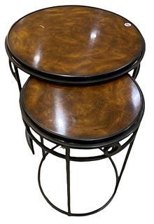 Two Theodore Alexander iron and wood nesting side tables, 14.5"x21.5" and 20"x22"