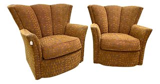 Pr contemporary swivel upholstered armchairs, 36" tall.