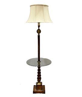 Wood and brass floor lamp with glass table top, 66" overall.