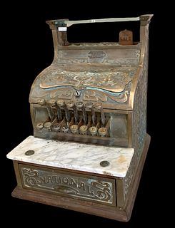 National brass candy store cash register, crack on marble