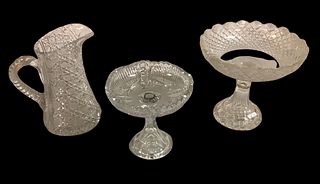 American Brilliant cut glass. Pitcher 9" high, 8" diameter stem bowl and 7" diameter stem bowl marked Libby.