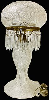 Cut crystal electric lamp 20.75". Maker unknown. Does have all crystal prisms