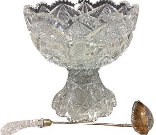 Large brilliant cut-glass punch bowl w/three piecesÃ³base, bowl and ladle. Ladle is marked Wm. Rogers & Son and is 16" long w/glass handle. Base alone