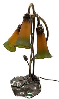 Metal base lily pad table lamp with 3 frosted glass trumpet shaped shades; 16" tall.