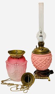 Lot of (2) lamps including a pink satin glass electrified hurricane lamp 17.75" & reproduction hanging hall lamp(does not have burner piece) approx 8"