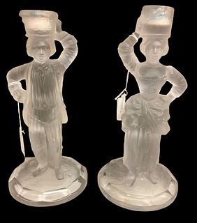 Vintage Frosted Women 10" high and man 9.5" high has a crack on base with basket candle holder.