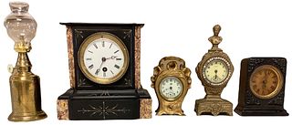 Brass oil lamp, made in France and 4 vintage clocks ranging in height from 5"h - 8"h including slate and stone mantle clock, small chip in top edge.