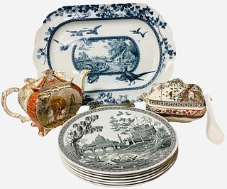 Lot of decorative porcelain items including decorative serving plate 17", 6 decorative plates 10.5" each, decorative tea pot 7.25", decorative sugar d