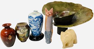 Lot of misc items including (3) vases(ranging from 4"-6.5" one signed Jackman 2003), stone elephant 3", cat figurine 7"(made in Kenya), Art Deco bowl 