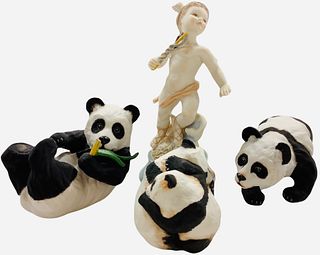 Lot of (4) Boehm figurines including a cherub 7.5" & (3) pandas ranging from 3.5"-4".