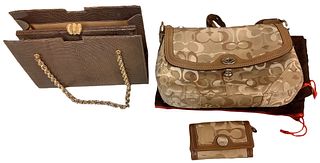 Two vintage handbags including a Coach handbag and wallet with Coach sack.