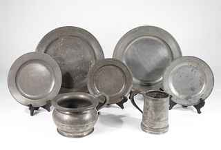 Group of Pewter Plates, a Chamber Pot, and a Mug