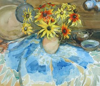 § Tessa Spencer-Pryse (British, b. 1939) Sunflowers in a terracotta jug signed lower right "Tessa Sp