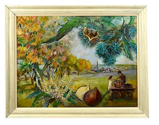 § Lucette de la Fougere (1921-2010) Harvesting Chestnuts oil on board 69 x 90cm (27 x 35in) <br>Prov