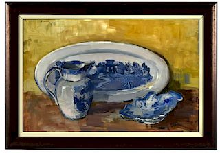 § Lucette de la Fougere (French, 1921-2010) Still life of blue and white china signed lower right "F