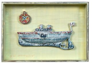 David Bromley (Australian, b. 1960) Ship signed lower left "Bromley" hand-carved wood and glass, in