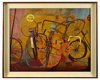 Modern British School (20th Century) Study of Bicycles inscribed lower right "Arrowhead II" oil on c