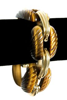 Estate 18k Yellow Gold & Tiger's Eye Link Bracelet