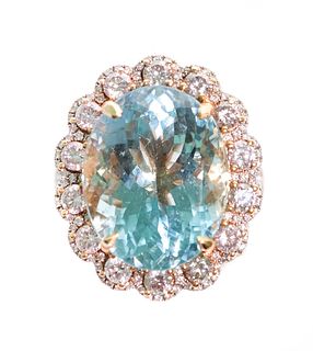 18k RG 12.06ct  Aquamarine & Diamond Ring, size 7