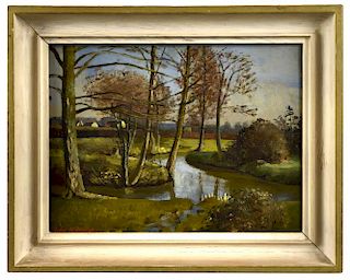 § John Aldridge, RA (British, 1905-1983) A stream in Essex signed lower left "John Aldridge" oil on