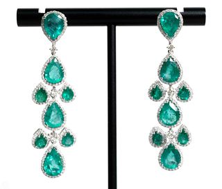 Pair, 14k WG 9.58ct Emerald & Diamond Earrings