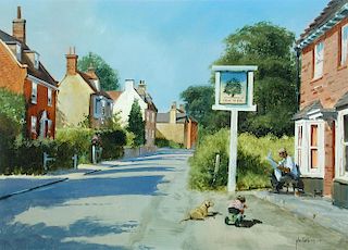 § John Haskins (British, b. 1938) Outside the Yew Tree, Walkern Village, Hertfordshire signed lower