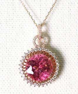 14k RG 9.80ct Pink Tourmaline & Diamond Necklace