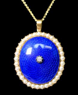 Antique Pearl & Diamond Guilloche Pendant Necklace