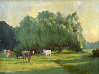 Lewis Fry (British, 20th Century) Cattle grazing at Limsfield, Audley End, Essex signed lower left "