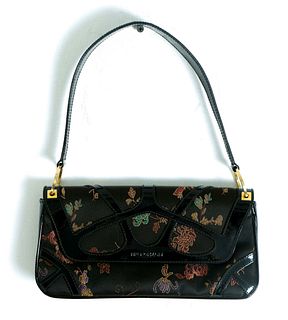 Bruno Magli Black Leather & Canvas Floral Hand Bag